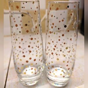 Stemless flutes lot 2 clear glass multicolor metallic confetti print celebration